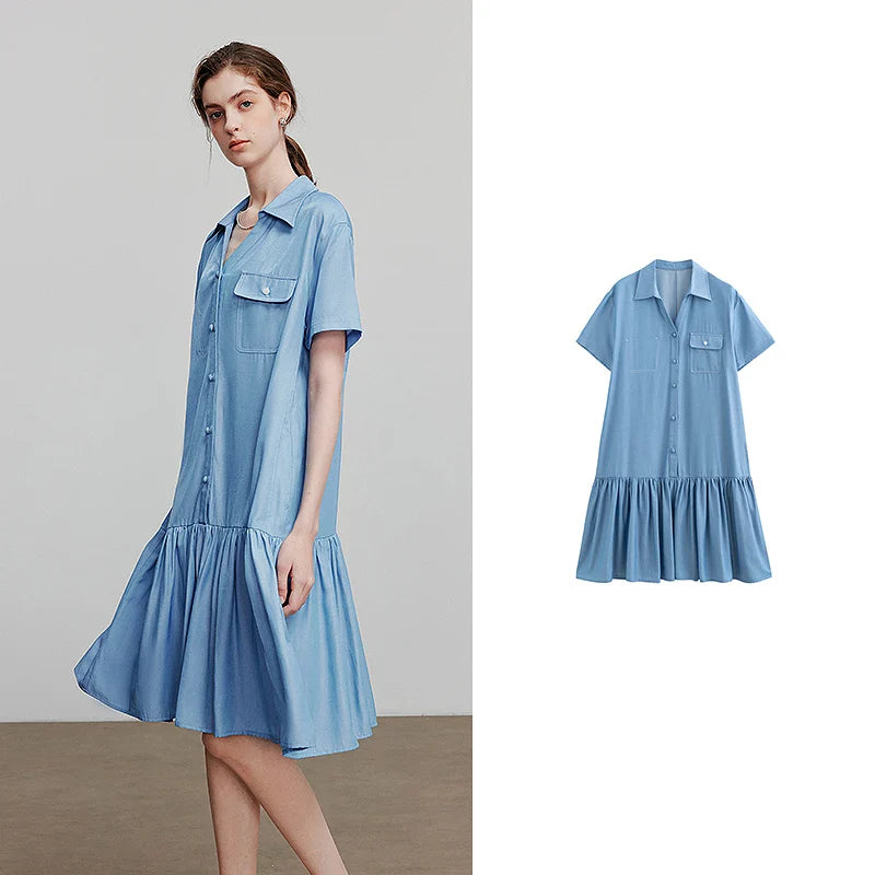 Vestido Chemise Curto de Viscose com Bolsos Sky Blue