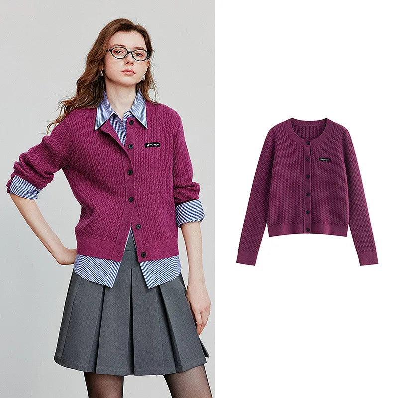 Cardigan Feminino de Tricô Trançado Estilo College