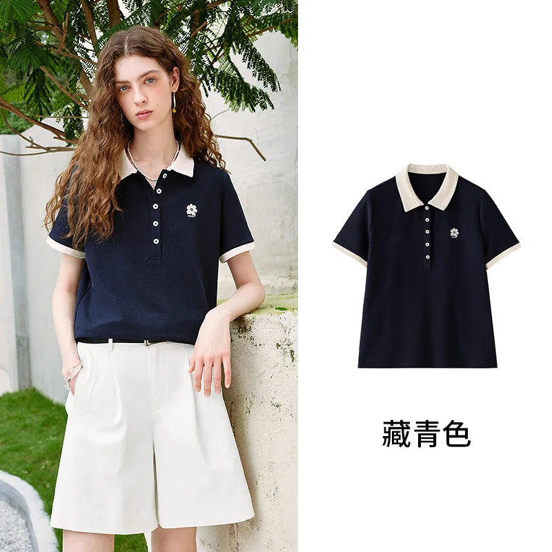 Camiseta Polo Feminina Piquet com Bordado Floral