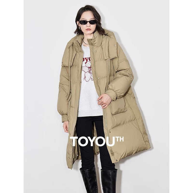 Casaco Puffer Feminino Longo com Capuz e Gola de Pelo Verde