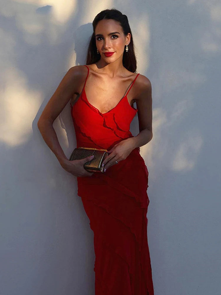 Vestido Longo Feminino de Chiffon com Babados