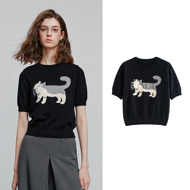 Blusa Feminina de Tricô Jacquard Gato com Laço