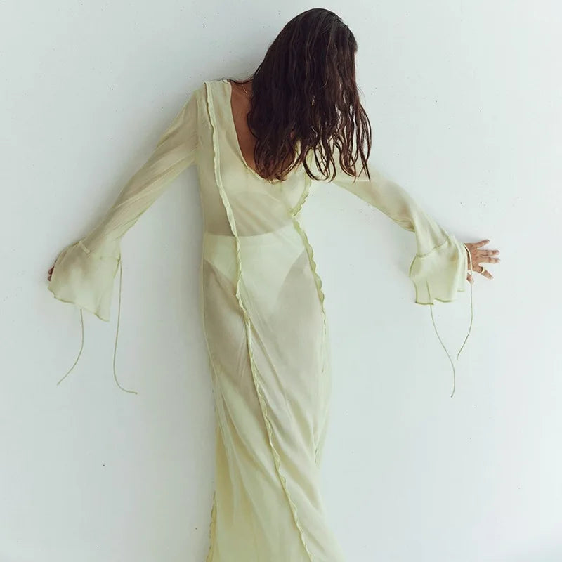 Vestido Longo Feminino de Tule Transparente com Manga Flare green