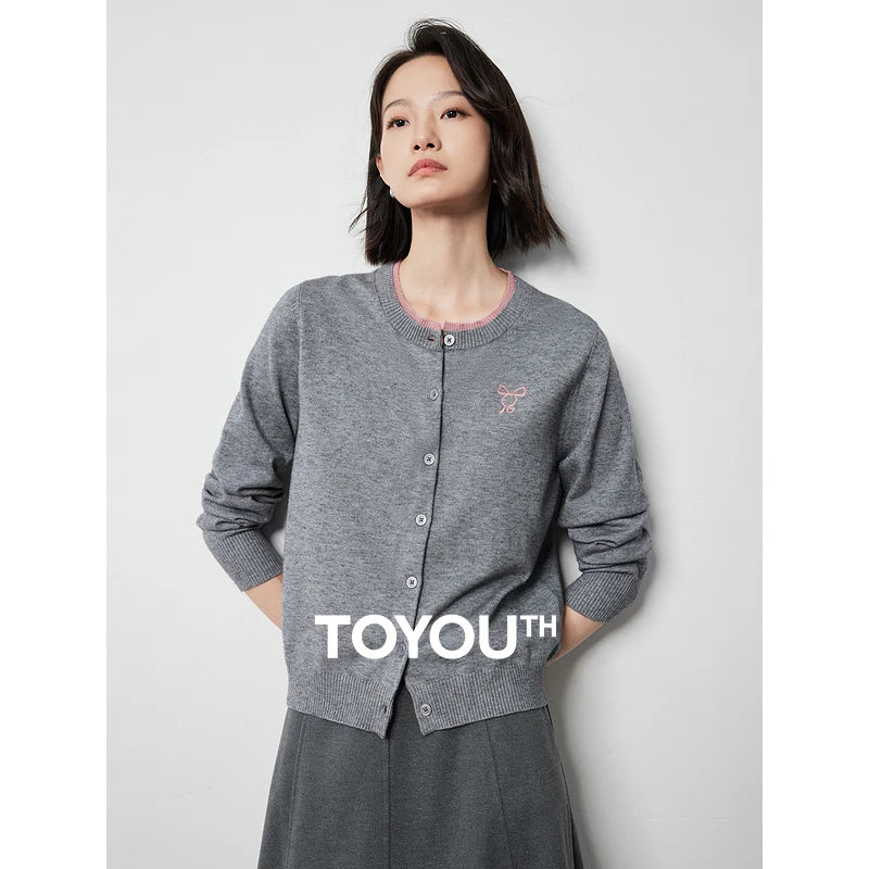 Cardigan Feminino Bordado com Laço e Gola Redonda