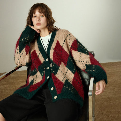 Cardigan Feminino de Tricô Argyle Nórdico com Decote V