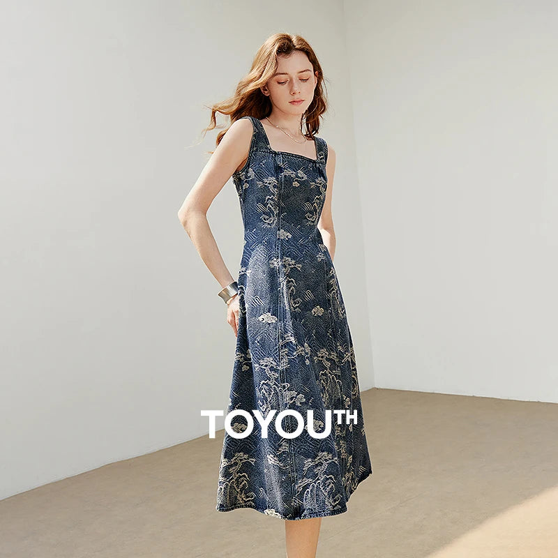 Vestido de Alças Midi Floral com Decote Quadrado