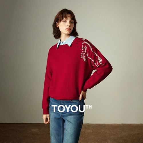 Suéter Feminino Grosso Vermelho com Bordado de Cavalo