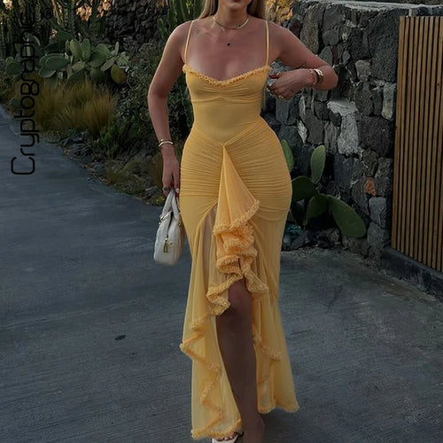 Vestido Longo Feminino de Tule com Babados e Drapeado