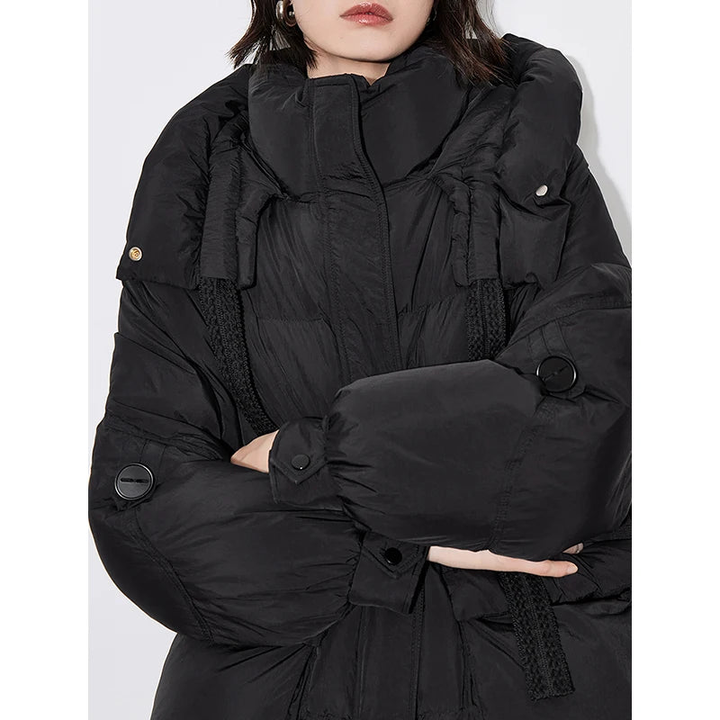 Casaco Puffer Feminino Longo com Capuz e Gola de Pelo Verde