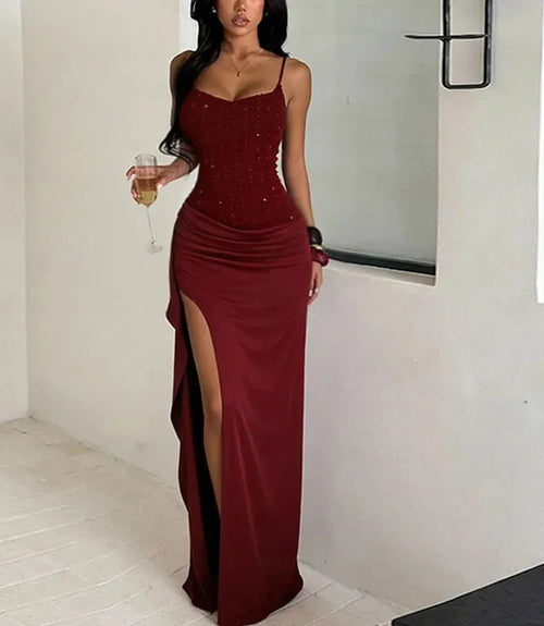 Vestido Longo Feminino Texturizado com Pregas e Fenda Alta