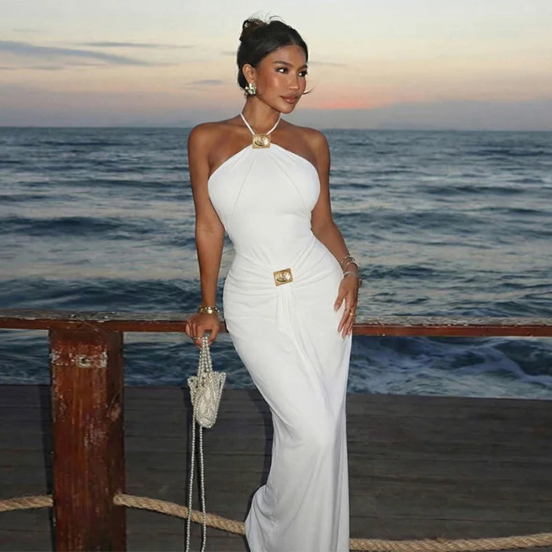 Vestido Longo Feminino Frente Única com Franzidos White
