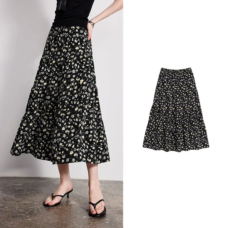 Saia Midi Feminina Floral em Camadas