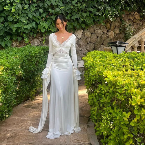 Elegant Curvy White Long Sleeve Dress Women's Sexy V Neck Lace Backless Maxi Dresses Winter Autumn Evening Female Clothing 2026 White