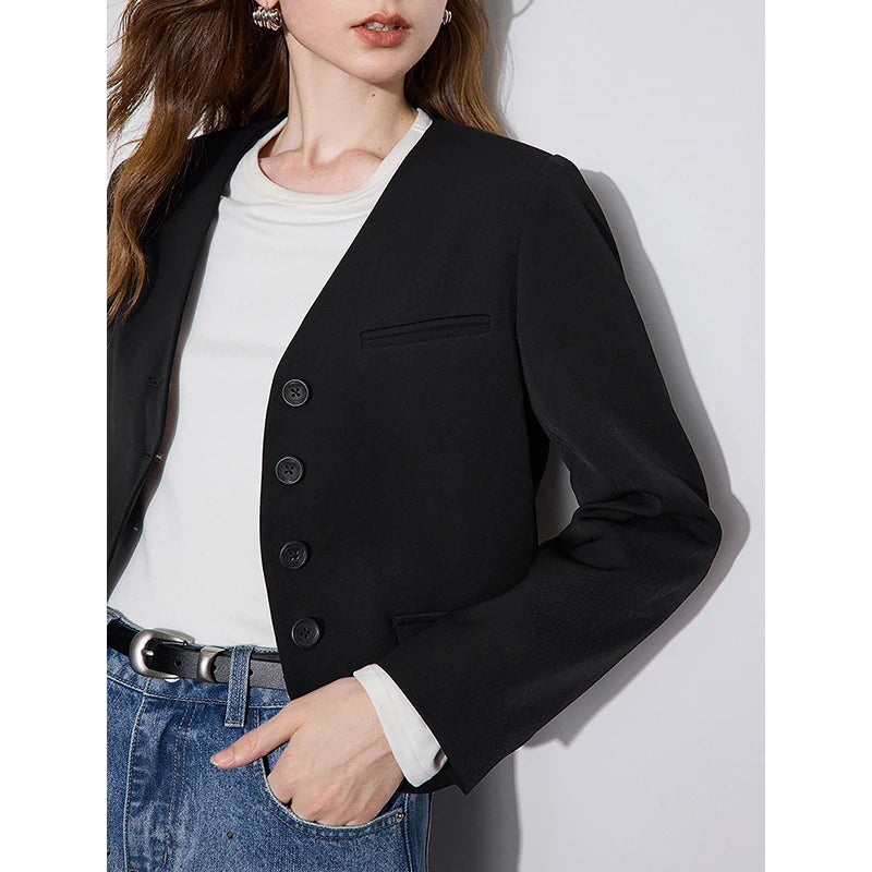 Blazer Feminino Curto com Decote V e Botão