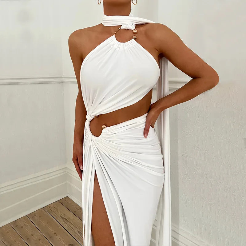Vestido Longo Feminino Assimétrico com Recortes e Fenda white