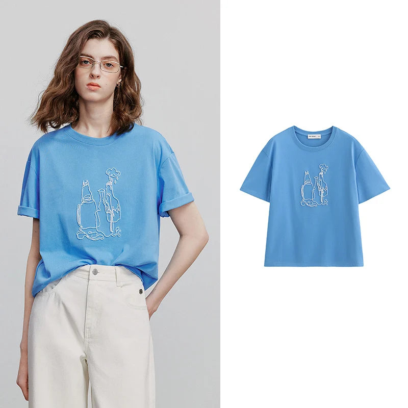 Camiseta Feminina Casual com Bordado Cartoon