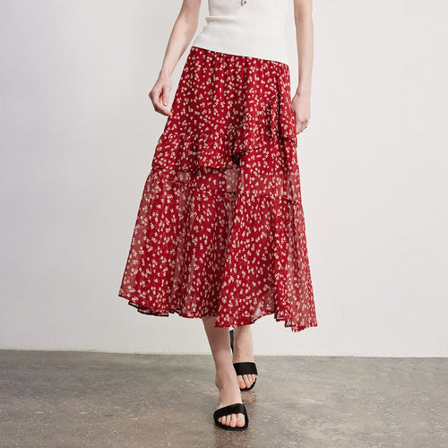 Saia Midi Feminina Floral com Babados