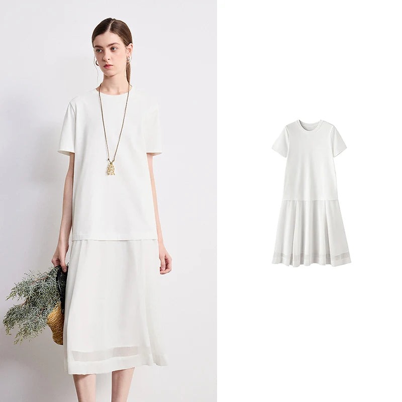 Vestido Midi de Chiffon Bicolor Efeito Duas Peças Beige