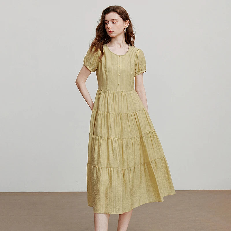 Vestido Jeans Midi com Manga Bufante