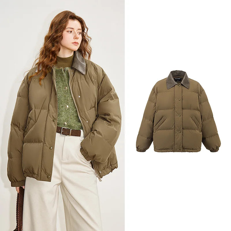 Jaqueta Puffer Feminina Curta com Gola de Couro green