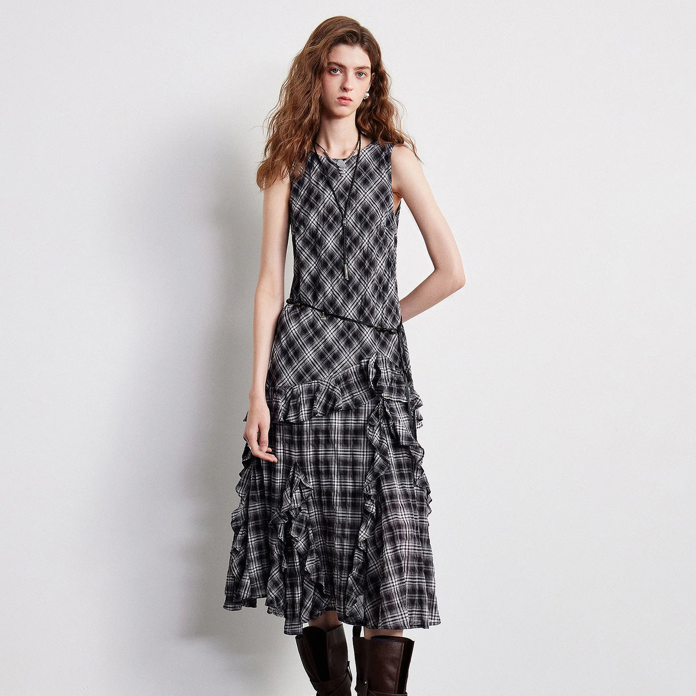 Vestido Boho Midi Xadrez com Babados