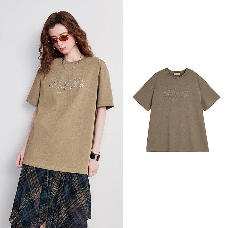 Camiseta Feminina de Algodão com Strass e Efeito Batik
