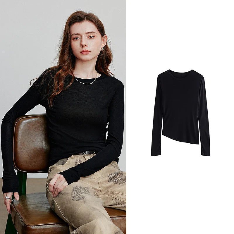 Blusa Feminina de Liocel e Lã Assimétrica Manga Longa