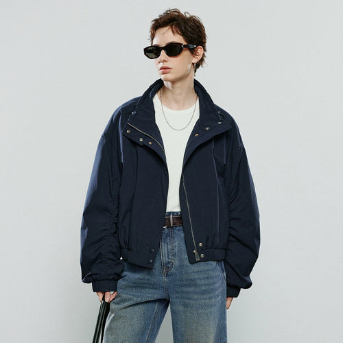 Jaqueta Feminina Acolchoada Azul-Marinho com Gola Alta