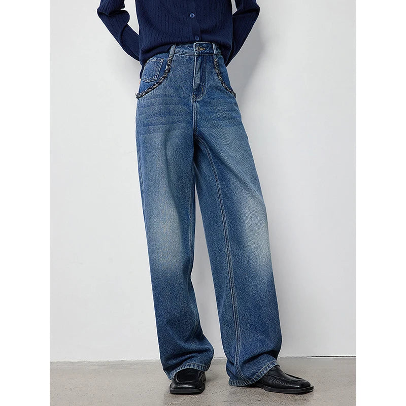 Calça Jeans Feminina Wide Leg Cintura Alta Texturizada