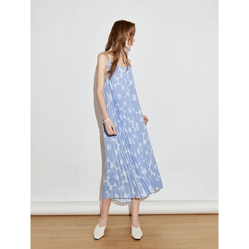 Vestido Midi Estampado de Alças com Pregas