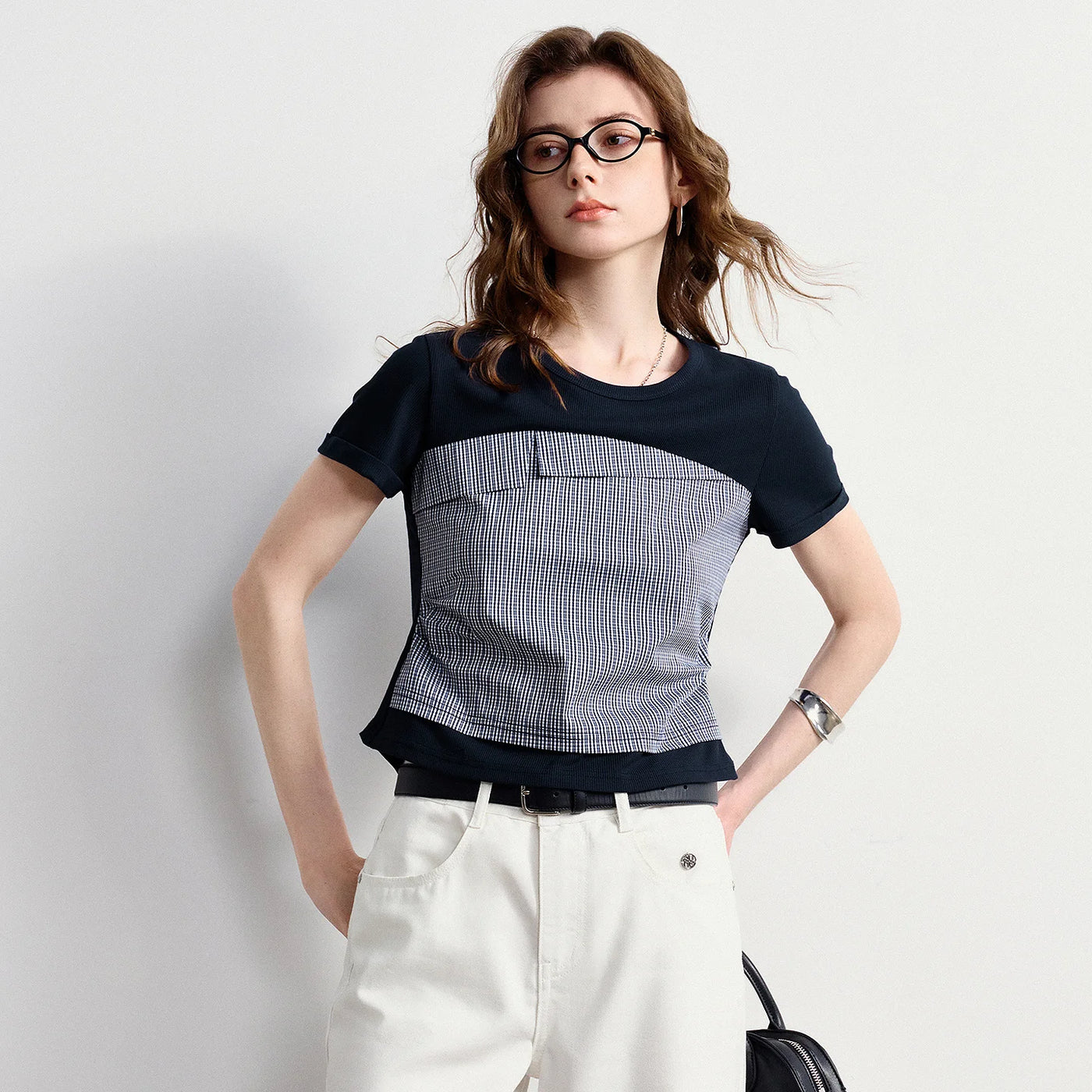 Camiseta Feminina Xadrez Efeito Duas Peças Slim
