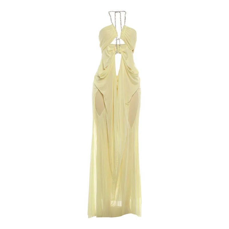 Vestido Longo Feminino de Chiffon com Recortes e Decote V Yellow