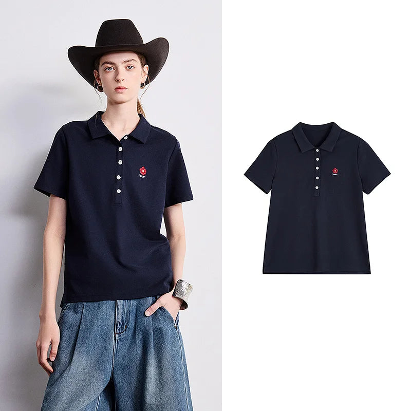 Camiseta Polo Feminina de Algodão com Bordado Floral