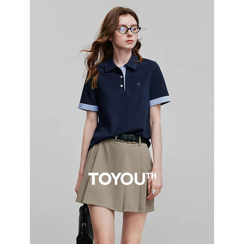 Camiseta Polo Feminina Listrada Color Block em Piquet