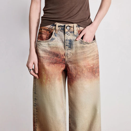 Calça Jeans Feminina Wide Leg Estampada Cintura Baixa