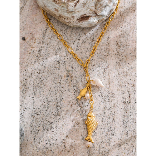 Yhpup Natural Pearls Shell Fish Pendant Chain Necklace 18K Golden PVD Plated Fashion Stainless Steel Charm Waterproof Jewelry