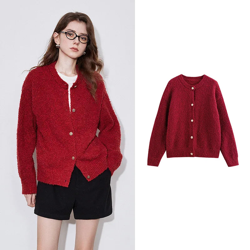 Cardigan Feminino de Tricô Aveludado com Botões