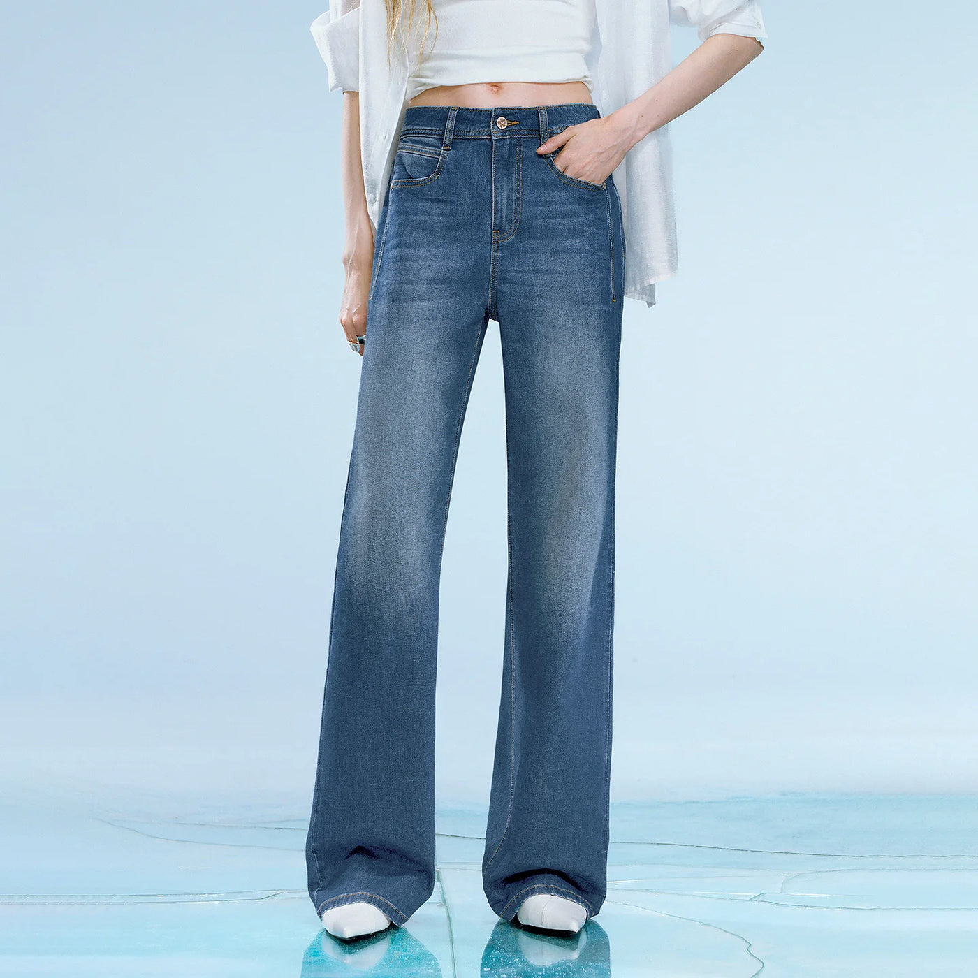 Calça Jeans Feminina Wide Leg Leve com Elastano