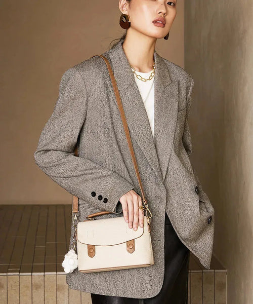 Bolsa Feminina de Couro Legítimo Quadrada com Zíper para Ombro