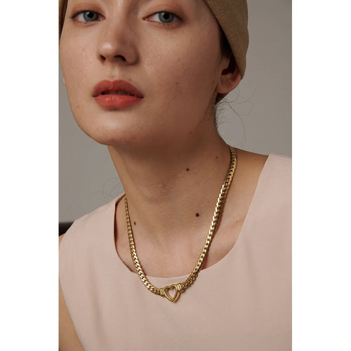 Yhpup Heart Chain Necklace Stainless Steel for Women Fashion Metal Texture Flat Collar Waterproof Necklace Girlfriend Gift