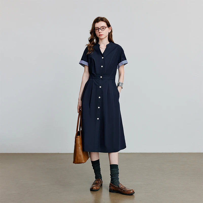 Vestido Chemise Midi Listrado com Decote V