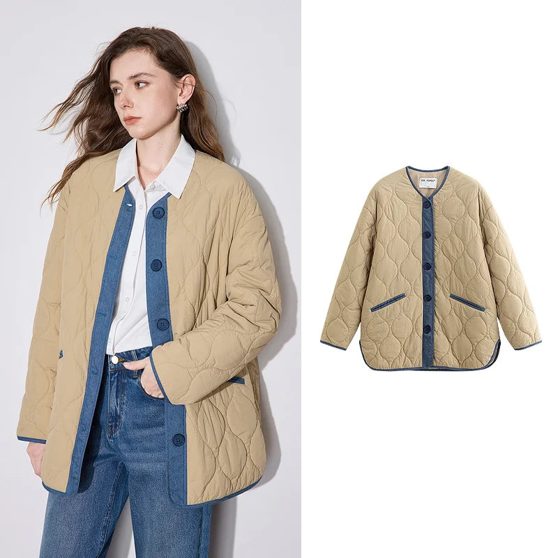 Jaqueta Feminina com Recortes Jeans e Gola Redonda Khaki