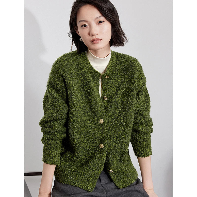 Cardigan Feminino de Tricô Aveludado com Botões