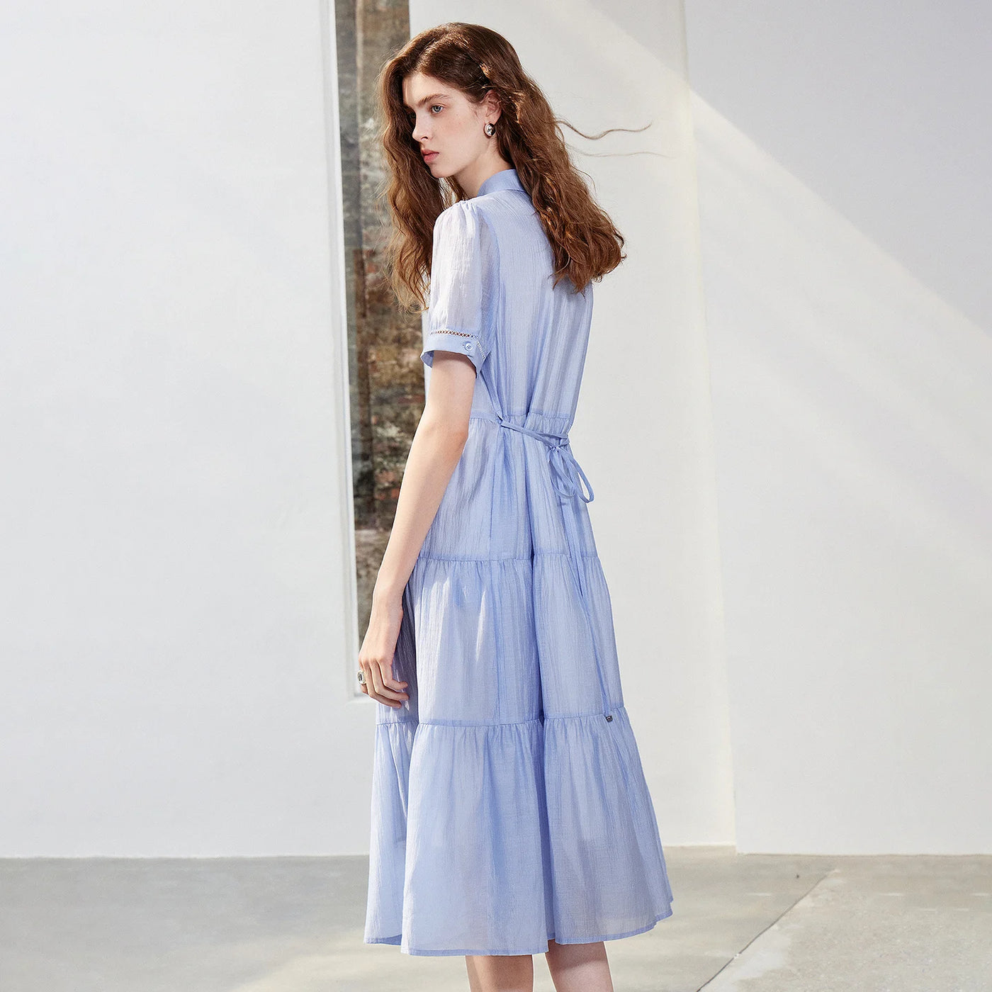 Vestido Midi Azul-Claro de Liocel com Botões
