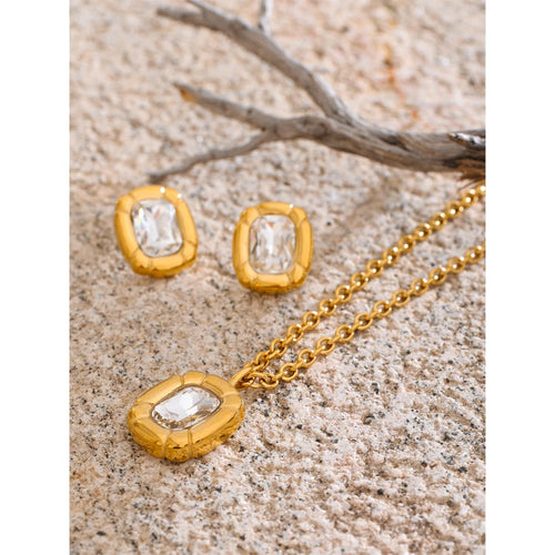 Yhpup Shiny Cubic Zirconia Rectangle Pendant Necklace Earrings Quality Gold Color PVD Plated Stainless Steel Premium Jewelry