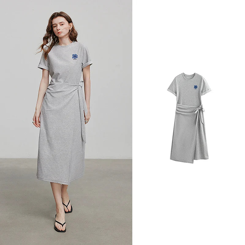 Vestido Midi com Bordado Floral e Manga Curta Light Gray