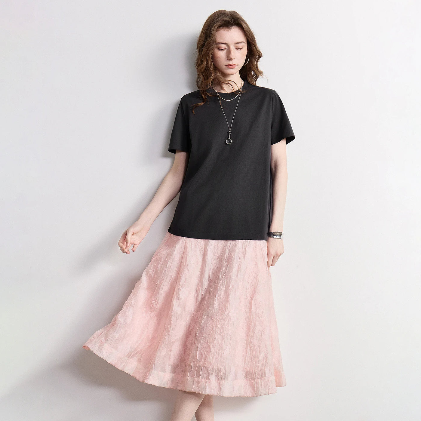 Vestido Midi de Chiffon Bicolor Efeito Duas Peças