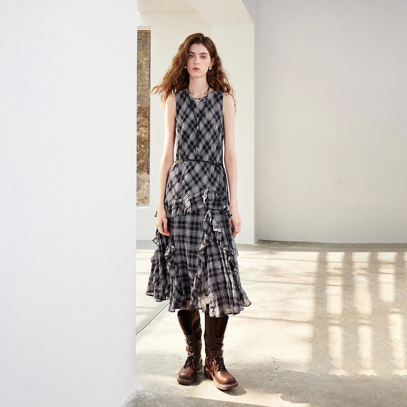 Vestido Boho Midi Xadrez com Babados