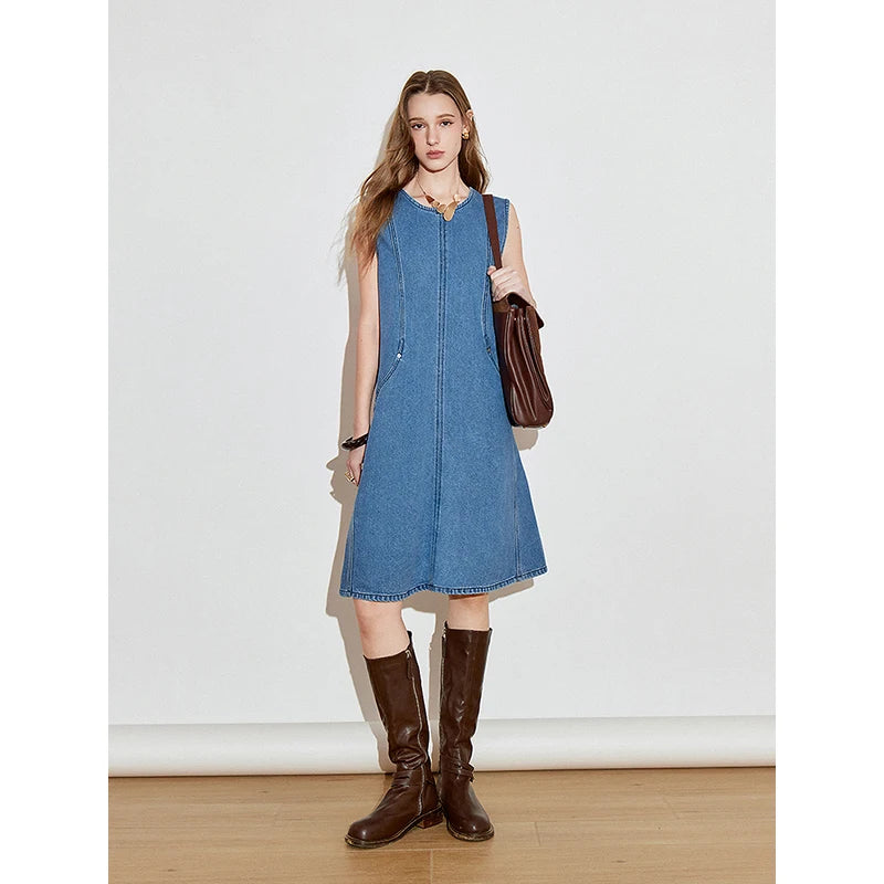 Vestido Jeans Midi Sem Manga com Amarração