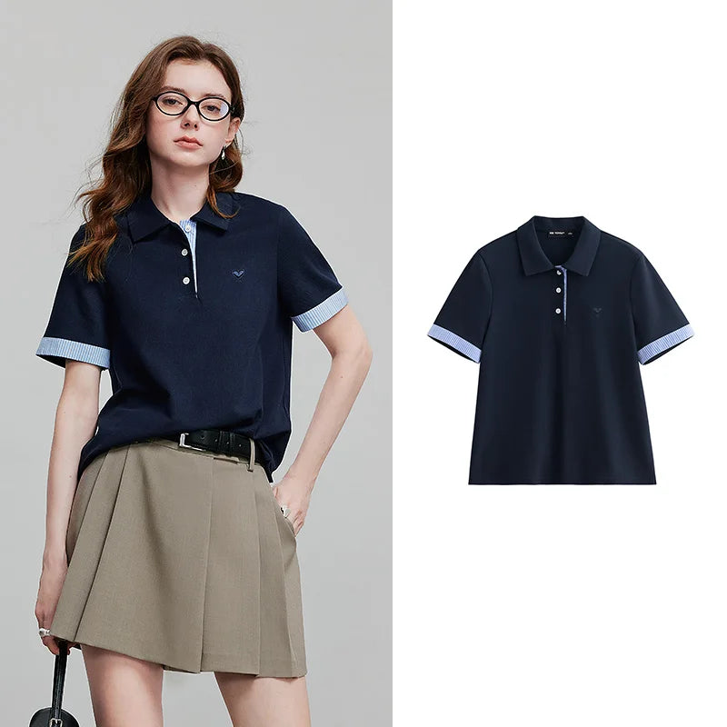 Camiseta Polo Feminina Listrada Color Block em Piquet